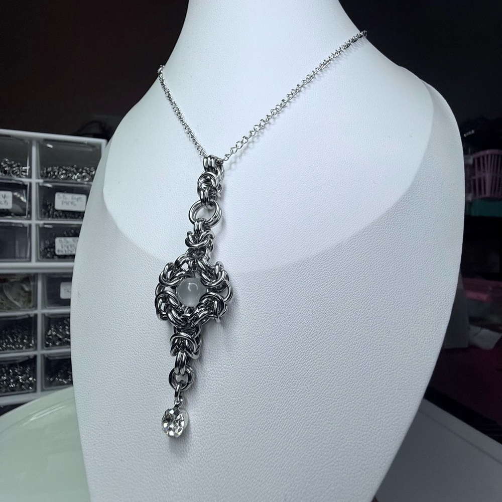 Handmade Steel Chainmaille Necklace with Selenite Crystal Pendant
